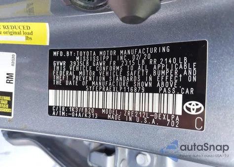 2020 Toyota Corolla Le z USA, uszkodzony, nr VIN 5YFEPRAEXLP116879